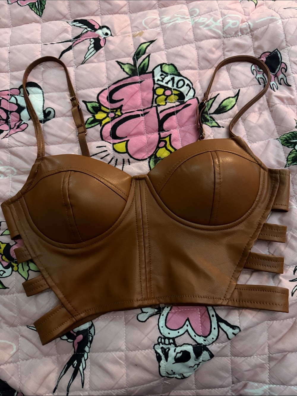 Fashion Nova Brown Faux Leather Strappy Bustier Top